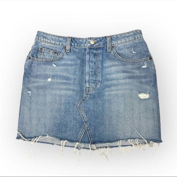 Reformation Retooled Distressed Blue Denim Mini Skirt in Salton Wash - Size 29 - Picture 1 of 5